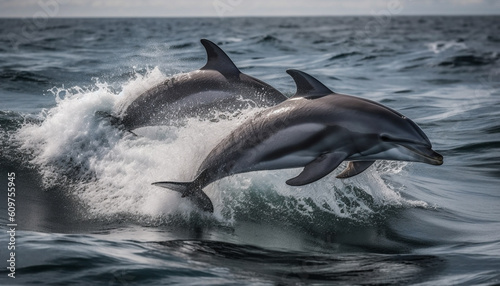 Playful bottle nosed dolphin jumping in blue water, splashing motion generated by AI © djvstock