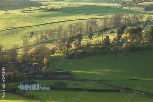 Fotobehang Scenic landscape view of rolling hills and pastoral countryside farmland in Moonzie near Cupar in Fife, Scotland, UK