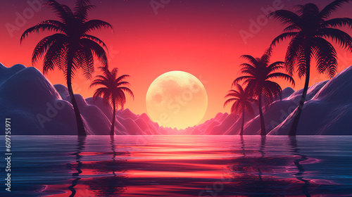 3d sunset on the beach. Retro palms sci fi background with ocean. Sun reflection in water. Futuristic landscape 1980s style. Digital landscape cyber surface. 80s party background. Generative AI © Aram