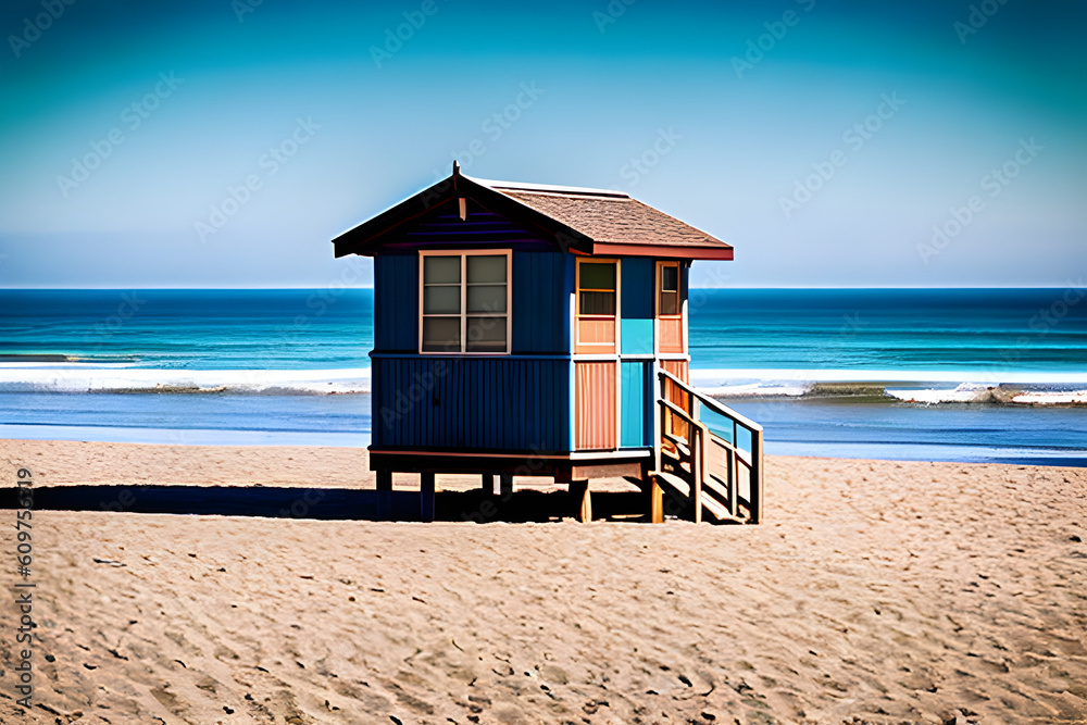 Empty beach with the famous vintage wooden lifeguard hut. Beautiful house on the beach. generative AI