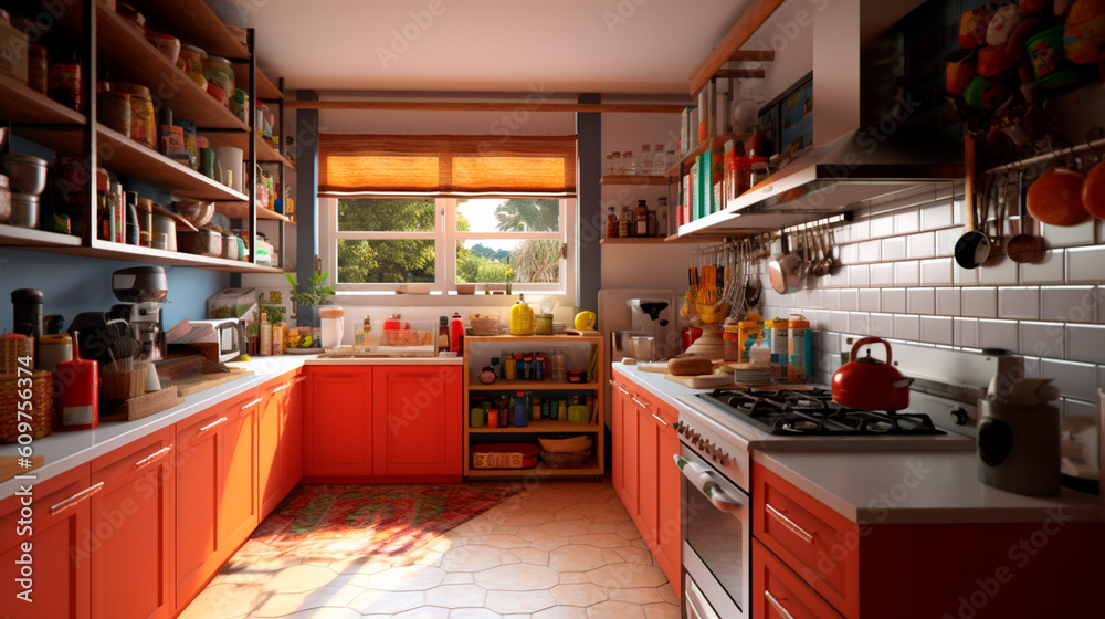 A tidy kitchen with storage solutions for cooking essentials and spices. Generative AI