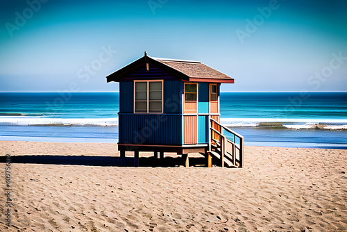 Empty beach with the famous vintage wooden lifeguard hut. Beautiful house on the beach. generative AI © EVISUAL