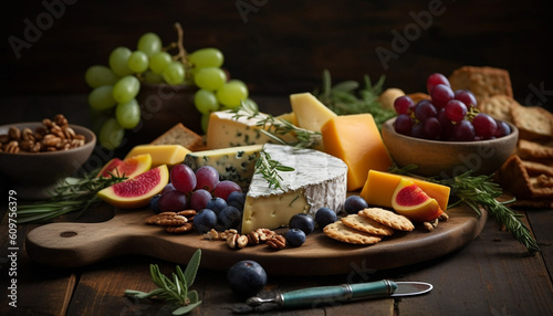 Variety of gourmet cheeses on rustic wood plank, perfect appetizer generated by AI