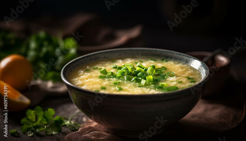 Healthy vegetarian soup with fresh organic vegetables and herbs generated by AI