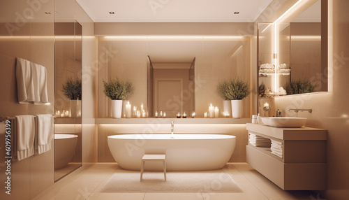 Luxury modern bathroom design with elegant bathtub and bright lighting generated by AI