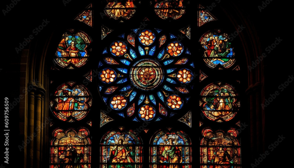 Stained glass window in gothic cathedral illuminates spirituality and history generated by AI