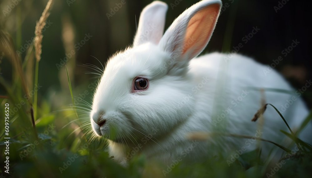 Small fluffy baby rabbit sitting in green grass, looking at camera generated by AI