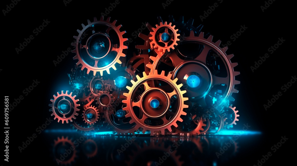 Abstract 3D gears on dark background. Concept of gear mechanics and cog mechanics. Digital polygonal mesh with points, lines and shapes. mechanical engineering wireframe. Generative AI
