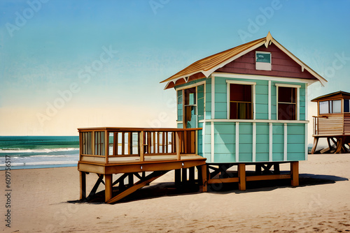 Empty beach with the famous vintage wooden lifeguard hut. Beautiful house on the beach. generative AI © EVISUAL