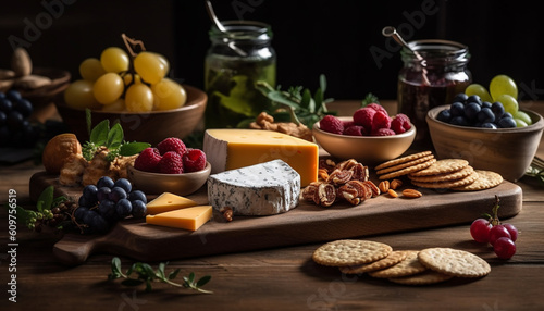 Fresh fruit and cheese plate on rustic wood table background generated by AI