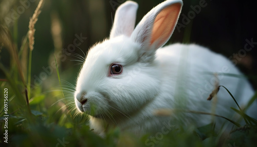 Small fluffy baby rabbit sitting in green grass, looking at camera generated by AI