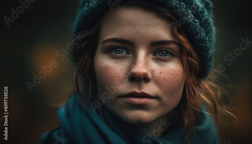 Young woman in warm clothing looking at camera with elegance generated by AI