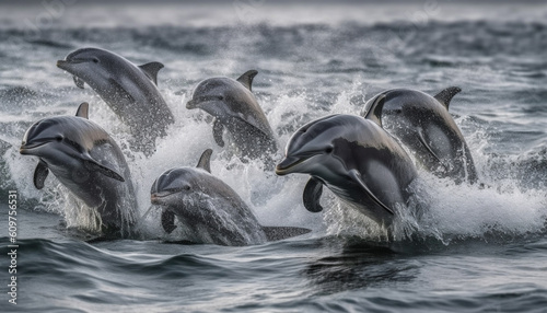 Playful dolphins jumping in the blue sea, enjoying summer fun generated by AI © djvstock