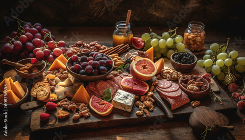 Gourmet appetizer tray variety of meat, cheese, fruit, and nuts generated by AI