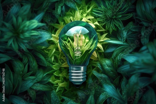 Green concept green light bulb with green life and enviroment.  photo