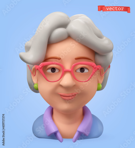 Senior woman 3d avatar, vector cartoon icon