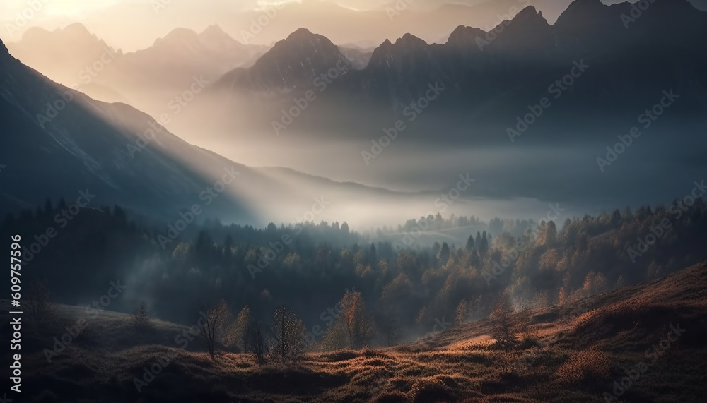Majestic mountain range, back lit by sunrise, shrouded in fog generated by AI