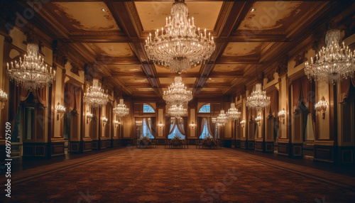 Luxury chandelier illuminates elegant domestic room in famous historic building generated by AI