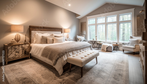 Modern luxury bedroom with comfortable double bed and elegant decor generated by AI © djvstock