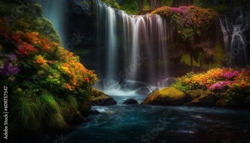 Smooth flowing water in tranquil pond, surrounded by natural beauty generated by AI © djvstock