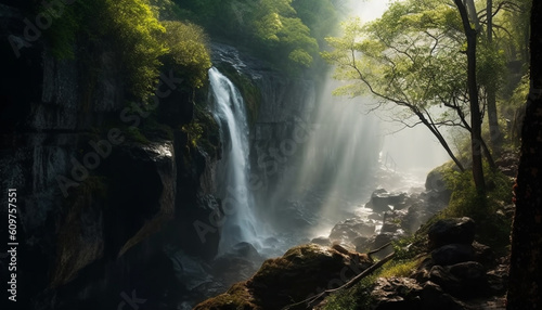 Tranquil scene of majestic mountain with flowing water and foliage generated by AI