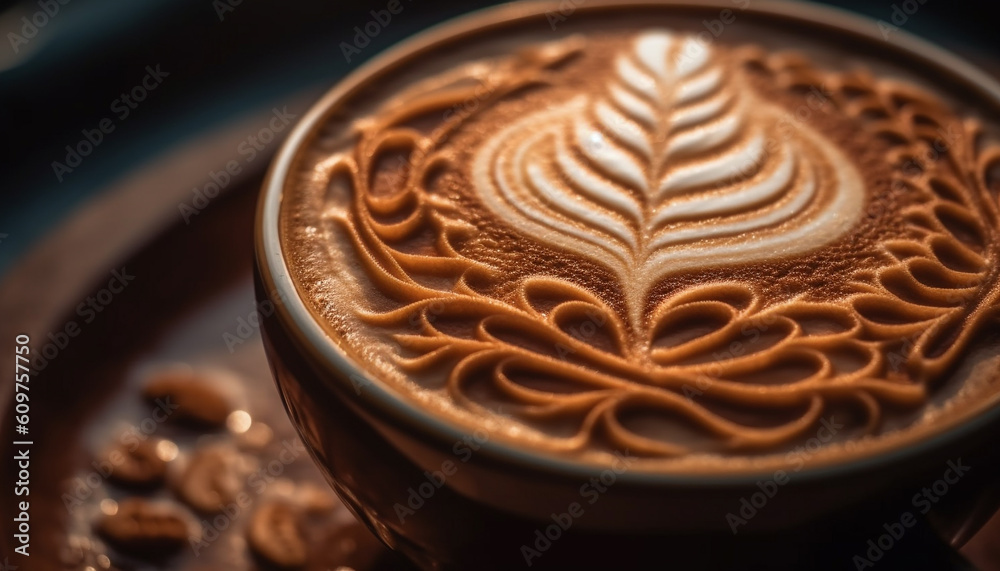 Frothy coffee cup on rustic table, a caffeine addiction generated by AI Frothy coffee cup on rustic table, a caffeine addiction generated by AI