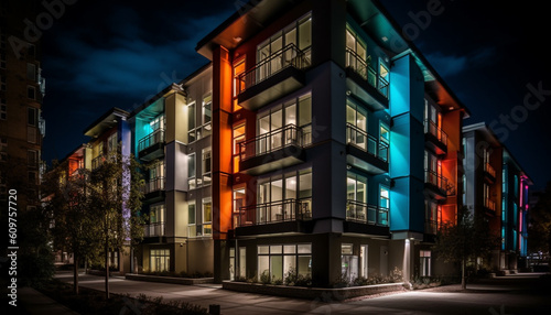 Modern skyscraper illuminates vibrant city street with glowing blue reflection generated by AI © djvstock