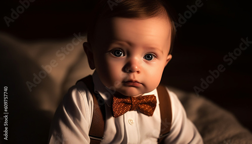 Cheerful baby boy in bow tie  looking at camera innocently generated by AI