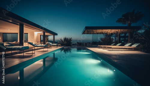 Luxury hotel infinity pool reflects tranquil blue twilight landscape generated by AI © djvstock