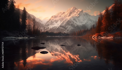 Majestic mountain range reflects tranquil sunset, creating panoramic beauty generated by AI
