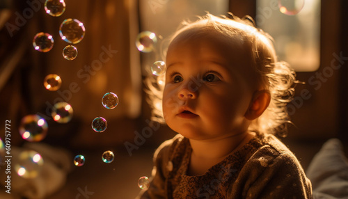 Cute Caucasian toddler playing with bubble wand brings summer enjoyment generated by AI