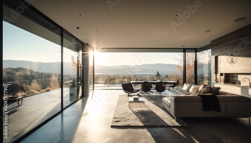 Modern luxury apartment with panoramic cityscape view through glass window generated by AI © djvstock