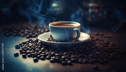 Fresh coffee bean on burlap, steam rising from mug generated by AI