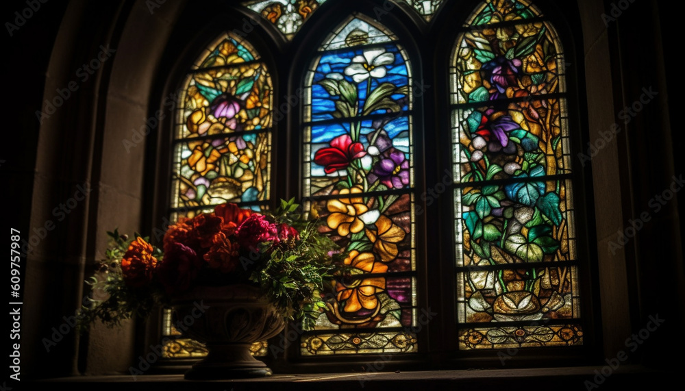 Gothic architecture, stained glass, and ornate decoration illuminate spirituality generated by AI