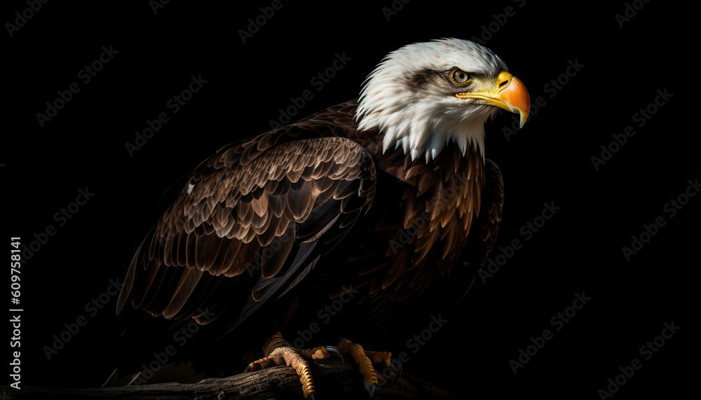 Obraz premium Bald eagle perching, majestic symbol of American freedom and strength generated by AI