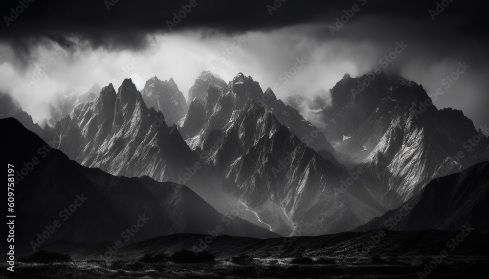 Majestic mountain range silhouette against dramatic dark sky in monochrome generated by AI