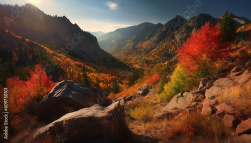Majestic mountain range, vibrant autumn colors, tranquil rural scene generated by AI