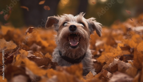 Cute terrier puppy playing in autumn forest  pure joy captured generated by AI