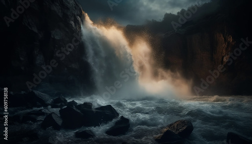 Majestic mountain cliff, crashing waves, wet stone, awe inspiring seascape generated by AI © djvstock