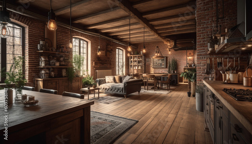 Luxury domestic room with elegant design, hardwood flooring, and illuminated window generated by AI © djvstock