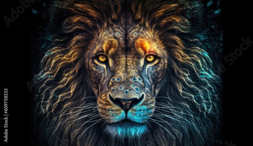 Lion wallpaper with multicolored eyes  in the style of luminous light effects  light amber and azure  illusory realism  electric color