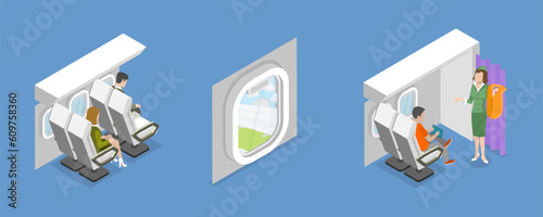 3D Isometric Flat Vector Set of Airplane Items and Scenes, Inside Modern Plane
