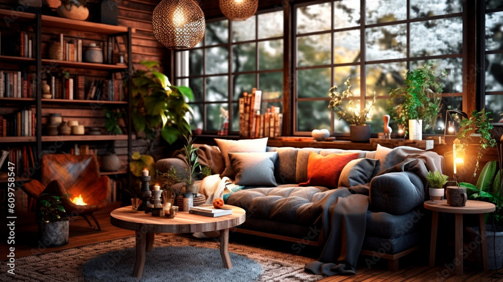Cozy Interior Design Background. Stylish Room. Generative AI