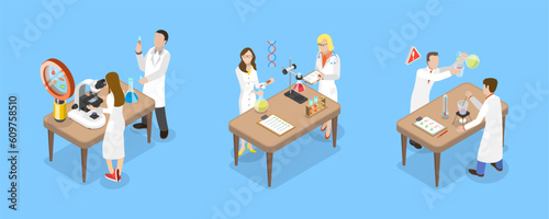 3D Isometric Flat Vector Conceptual Illustration of Chemistry Laboratory Workers, Professional Lab Research