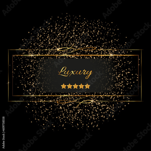 Shine black background with golden sparkling frame. Luxury 5 stars. Vector illustration