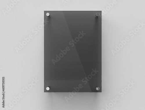 Blank vertical A4 black glass office corporate Signage plate Mock Up Template, Board For Branding, Logo. Black Transparent acrylic advertising signboard mockup. 3D rendering