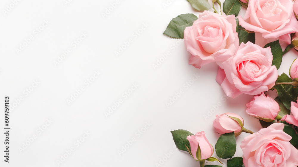 Decorative web banner. Close up of blooming pink roses flowers and petals isolated on white table background. Floral frame composition. Empty space. Generative AI
