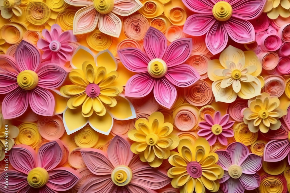 Obraz premium 3D yellow and pink flowers layered forms, paper quilting pattern, vibrant colors. AI generative