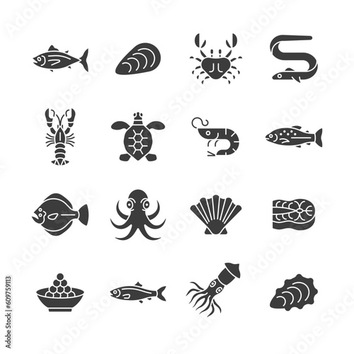 Seafood glyph icon set. Vector collection with tuna, crab, lobster, shrimp, trout, caviar, squid, octopus.