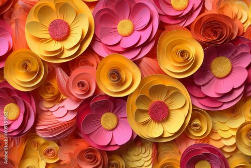 3D yellow and pink flowers layered forms  paper quilting pattern  vibrant colors. AI generative